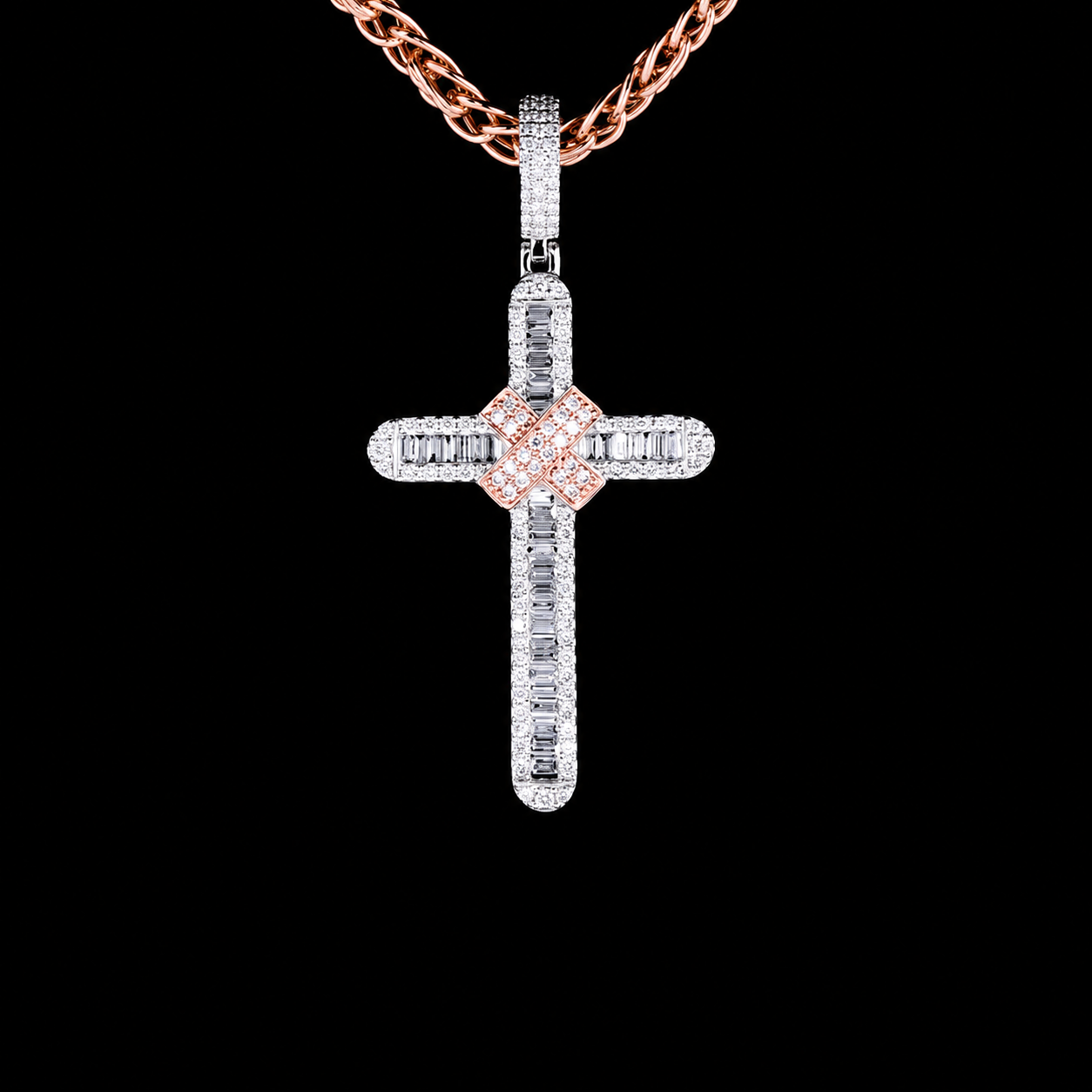 925 Sterling Silver Baguette Cross Pendant Lab Diamond & Moissanite
