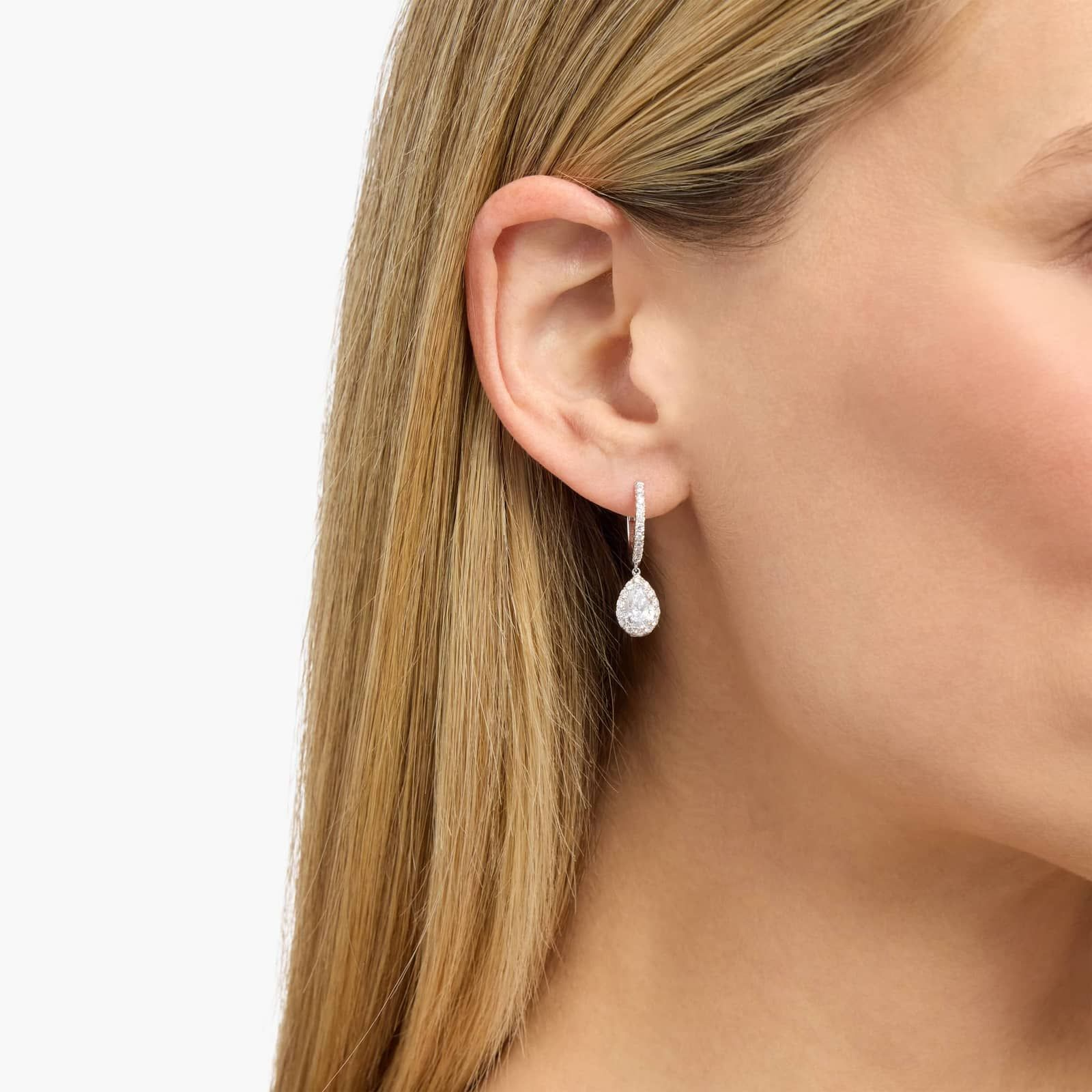 Pear Cut Lab Grown Diamond Halo Huggie Hoop Dangle Earrings in 14K White Gold | IGI Certified