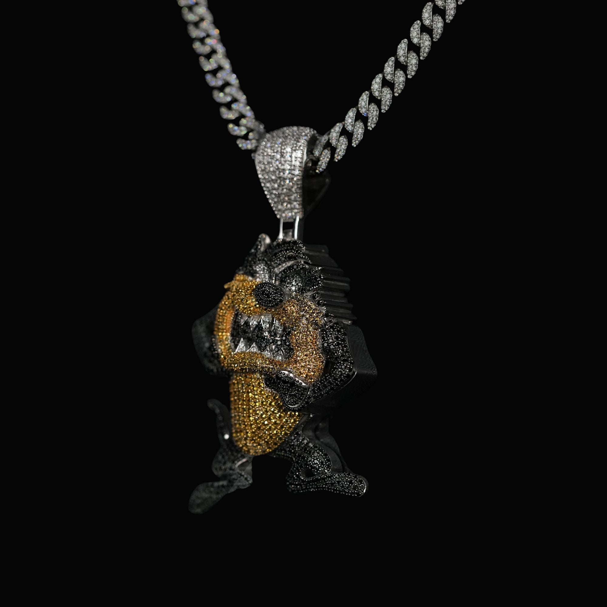 Black & Yellow Round Cut Iced Out Hip Hop Cartoon Pendant 925 Sterling Silver