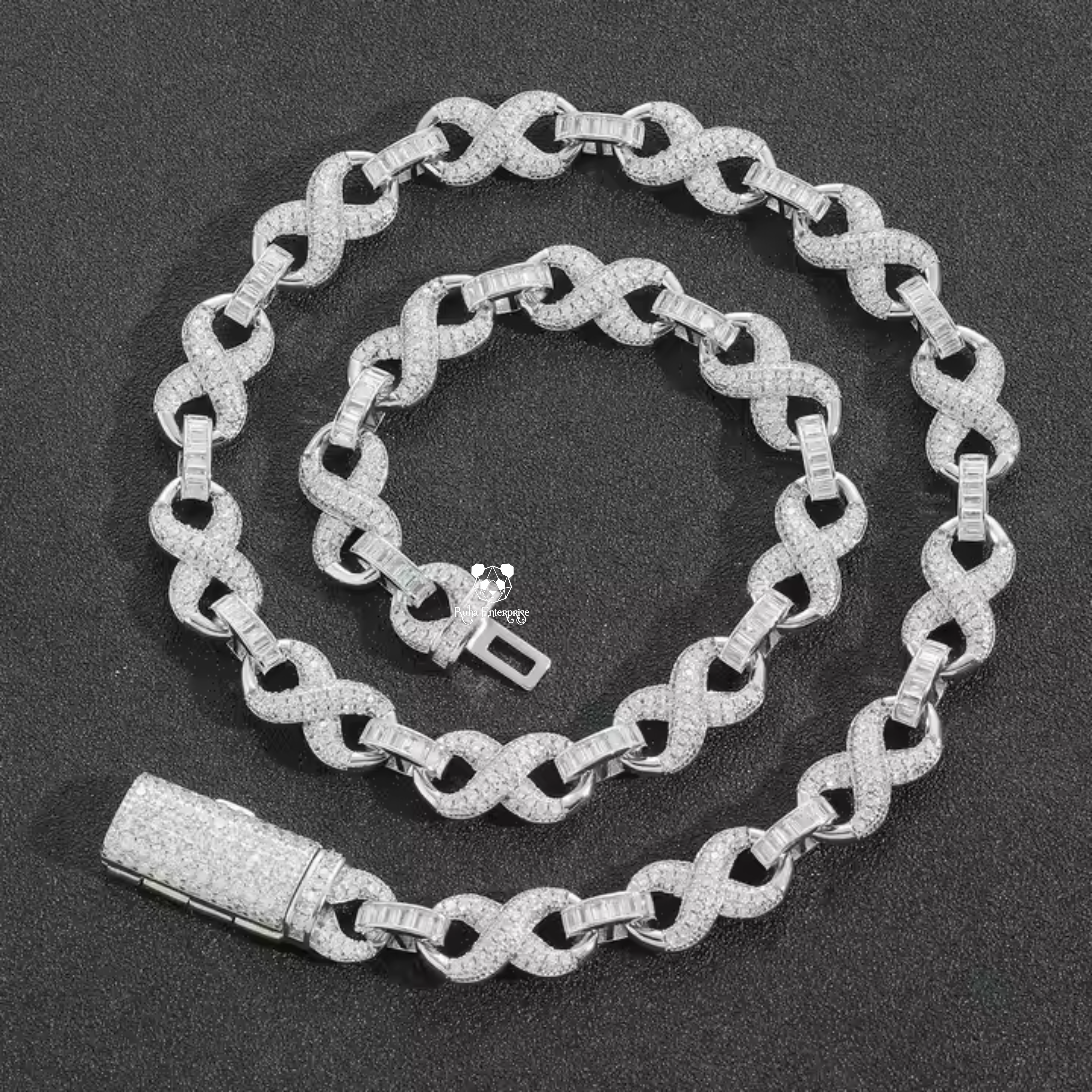 10MM Round & Baguette Moissanite Infinity Link Chain | 925 Sterling Silver