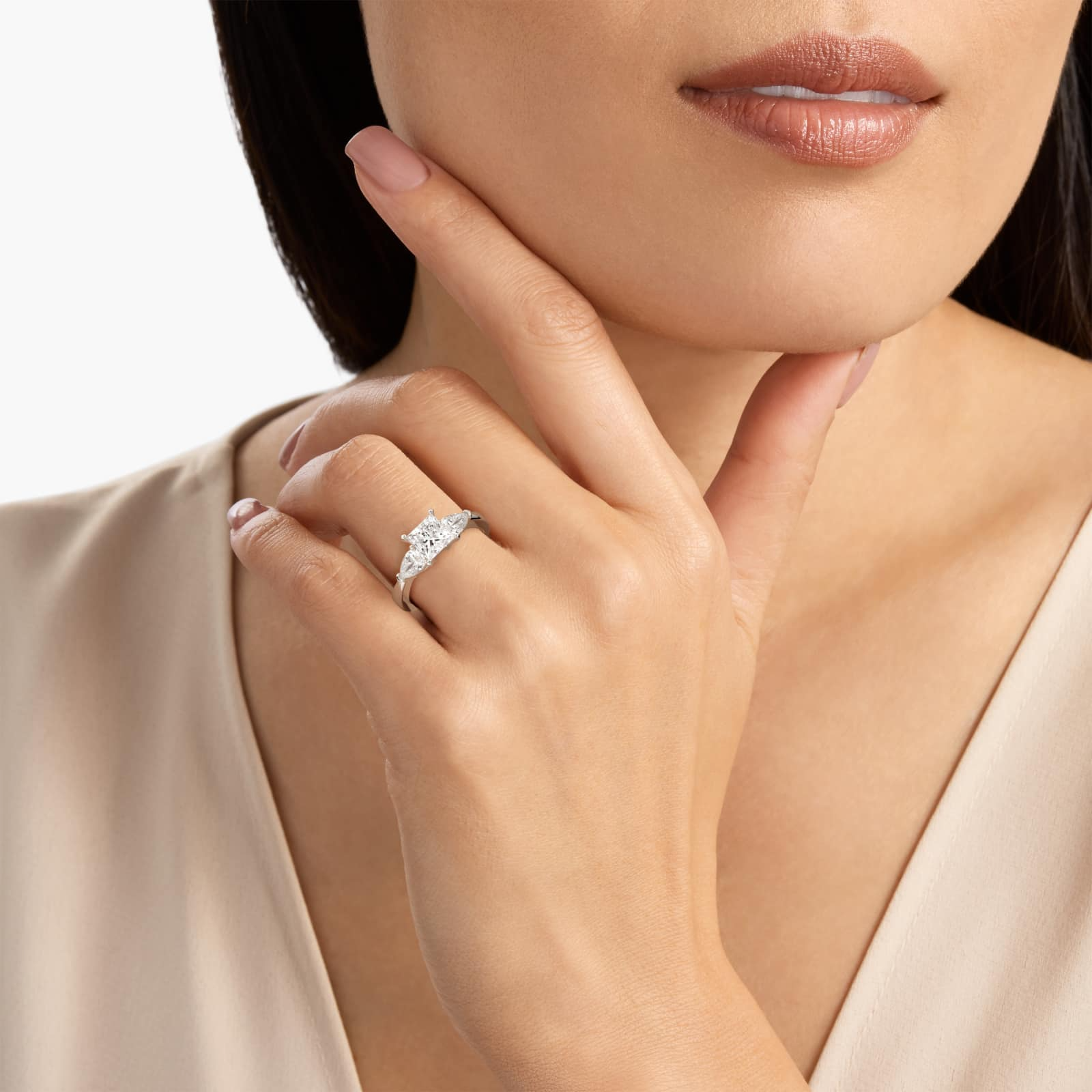Luxury 1 CT Princess Cut Three Stone Engagement Ring Pear Side Moissanite