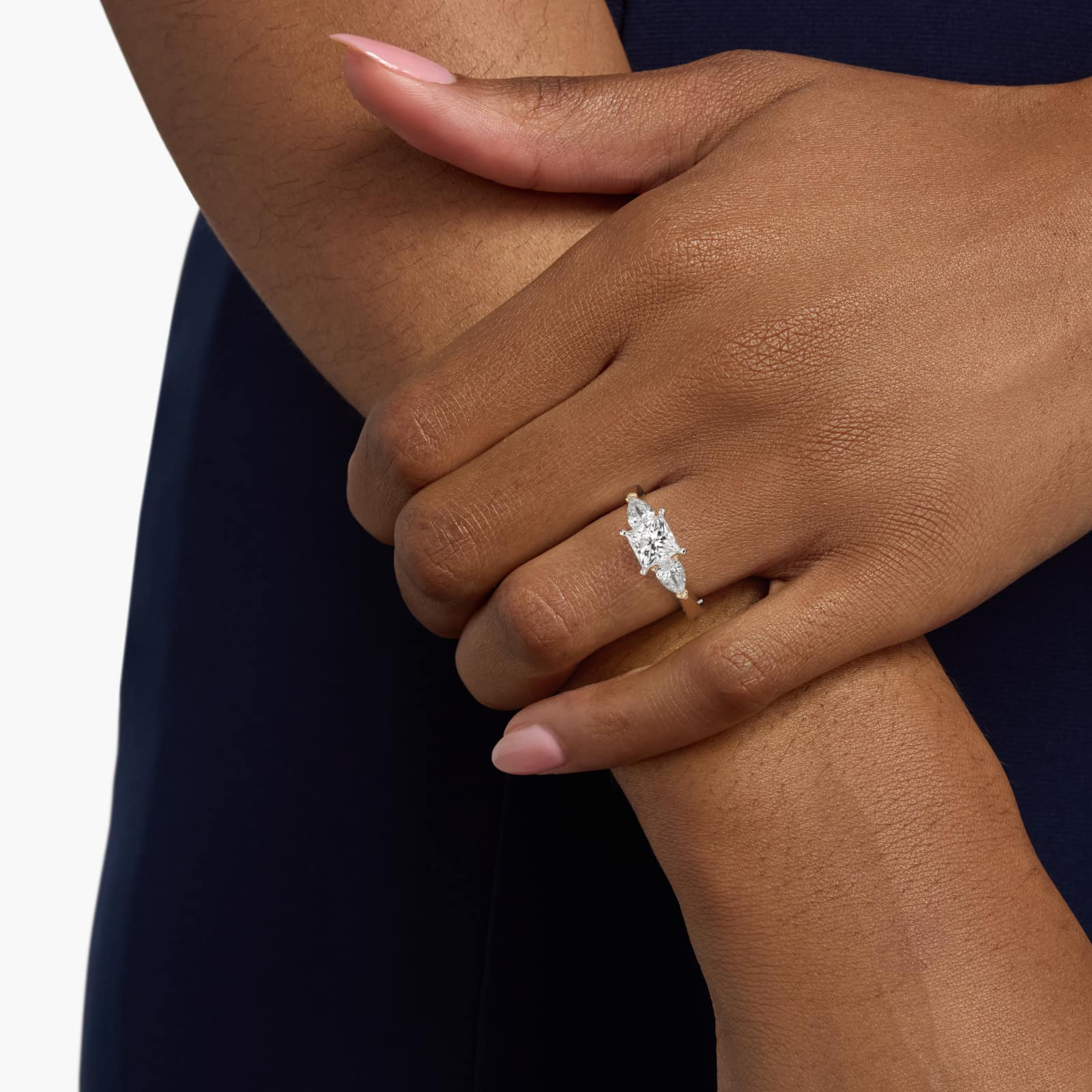 Luxury 1 CT Princess Cut Three Stone Engagement Ring Pear Side Moissanite