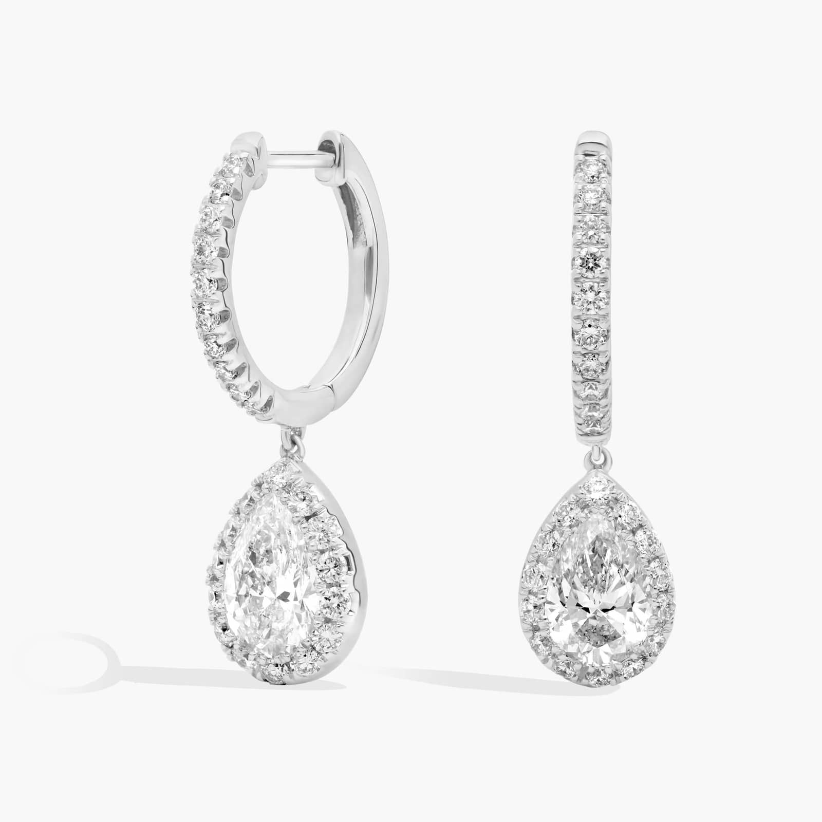 Pear Cut Lab Grown Diamond Halo Huggie Hoop Dangle Earrings in 14K White Gold | IGI Certified