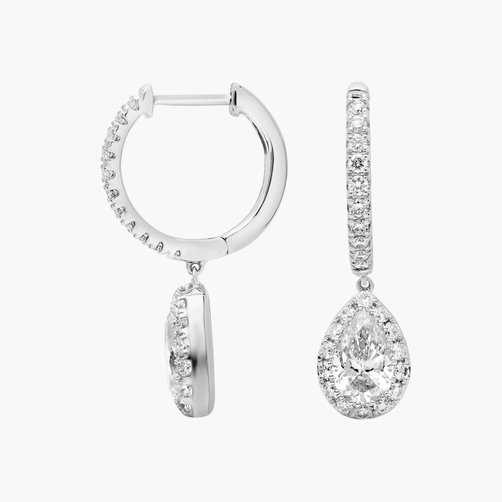 Pear Cut Lab Grown Diamond Halo Huggie Hoop Dangle Earrings in 14K White Gold | IGI Certified
