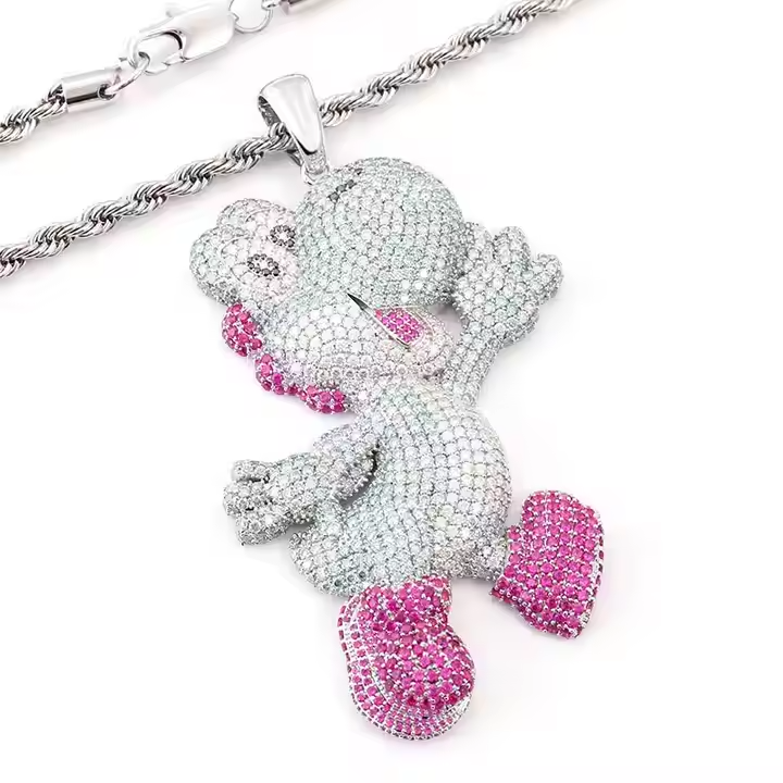 Stylish Pink Dino Round Moissanite Pendant - Luxury Iced Jewlry