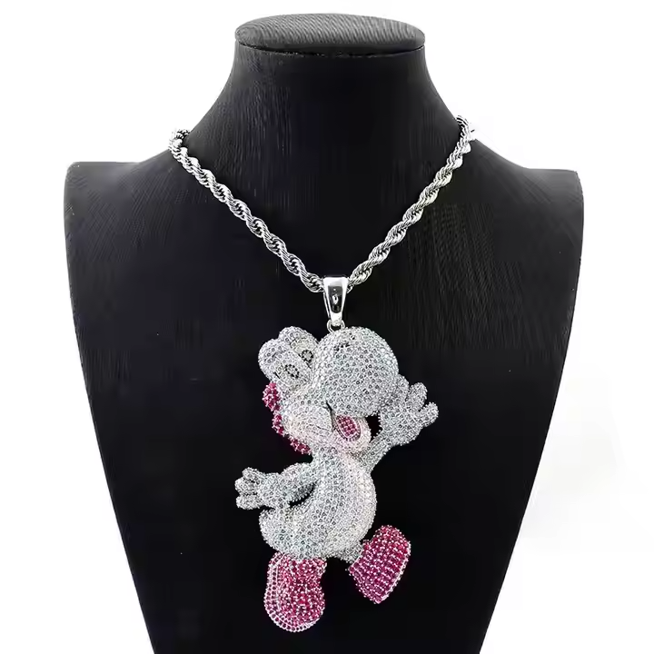 Stylish Pink Dino Round Moissanite Pendant - Luxury Iced Jewlry