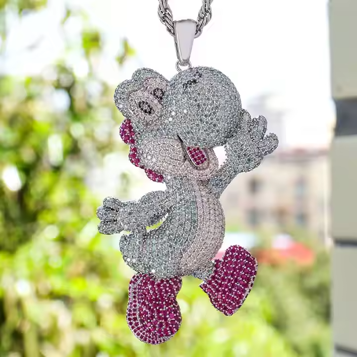 Stylish Pink Dino Round Moissanite Pendant - Luxury Iced Jewlry