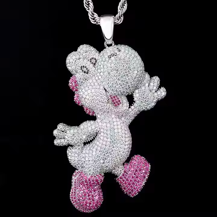 Stylish Pink Dino Round Moissanite Pendant - Luxury Iced Jewlry
