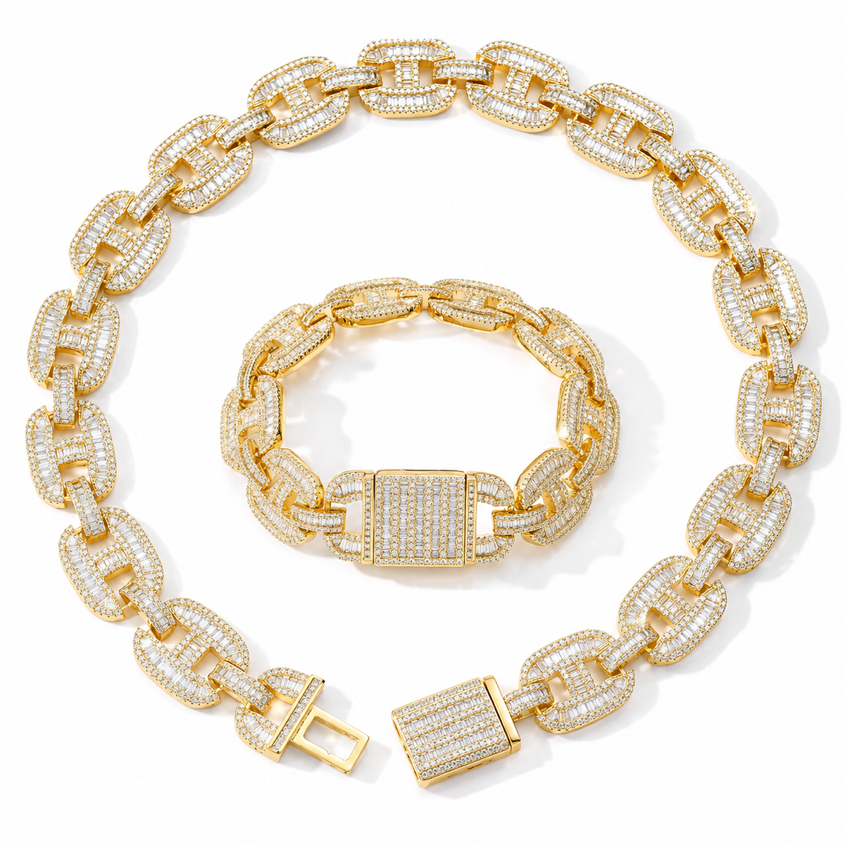 Baguette Moissanite 16 MM Cuban Link Necklace & Bracelet Set - 925 Silver Hip Hop Jewelry