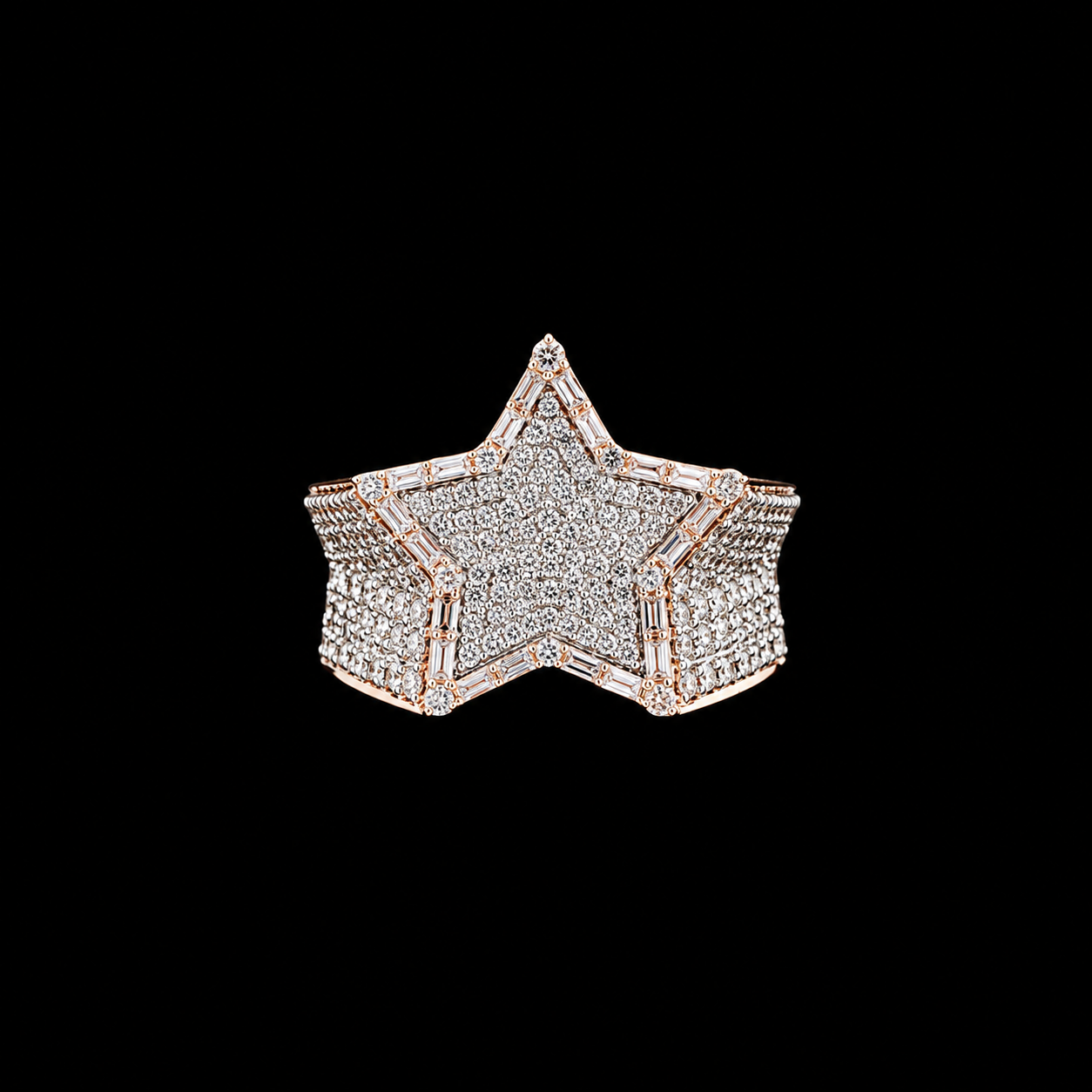 Hip Hop Micro Pave Moissanite Ring Round & Baguette Cut 925 Sterling Silver