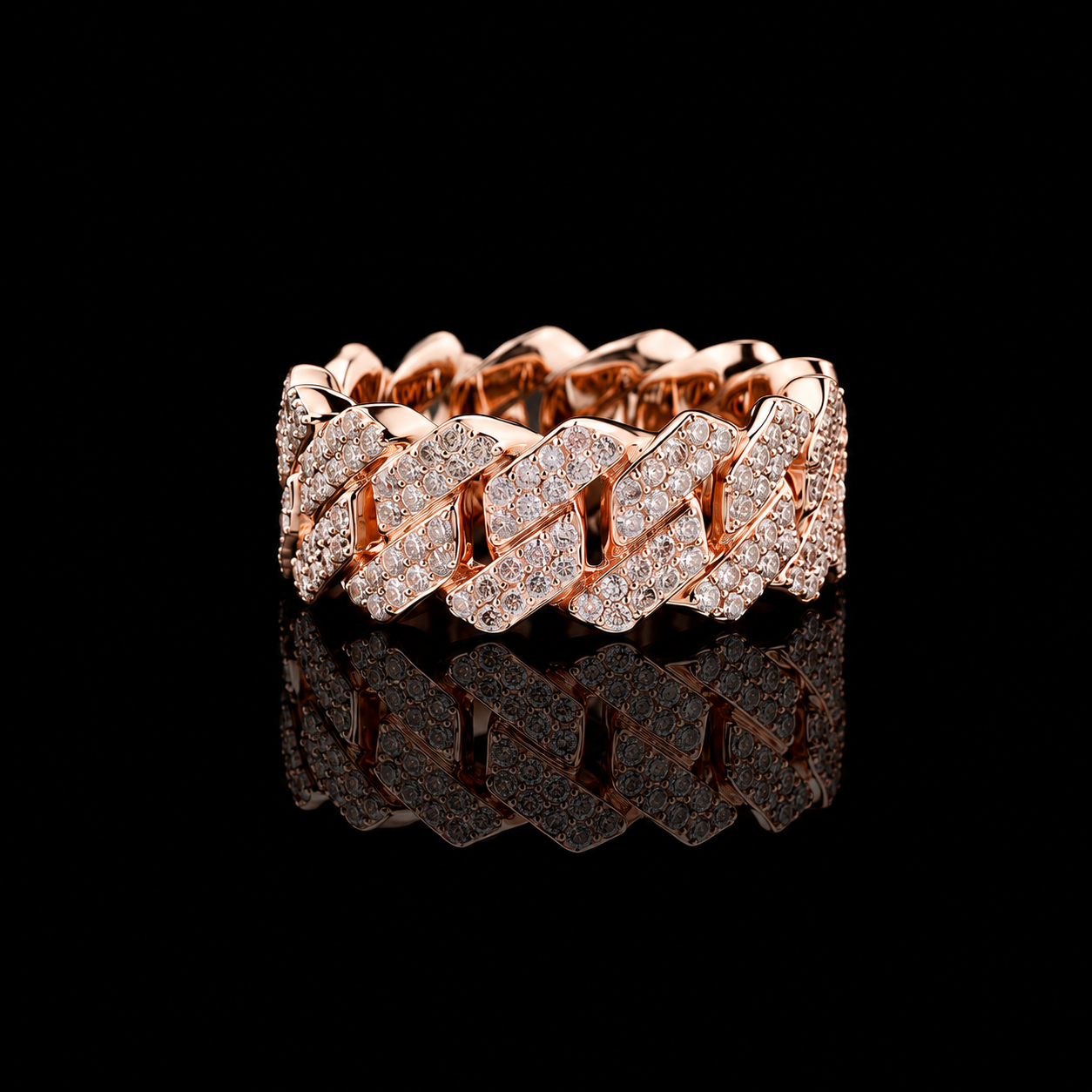 Luxury Rose Gold Baguette Moissanite Cuban Link Ring 925 Sterling Silver Hip Hop Style