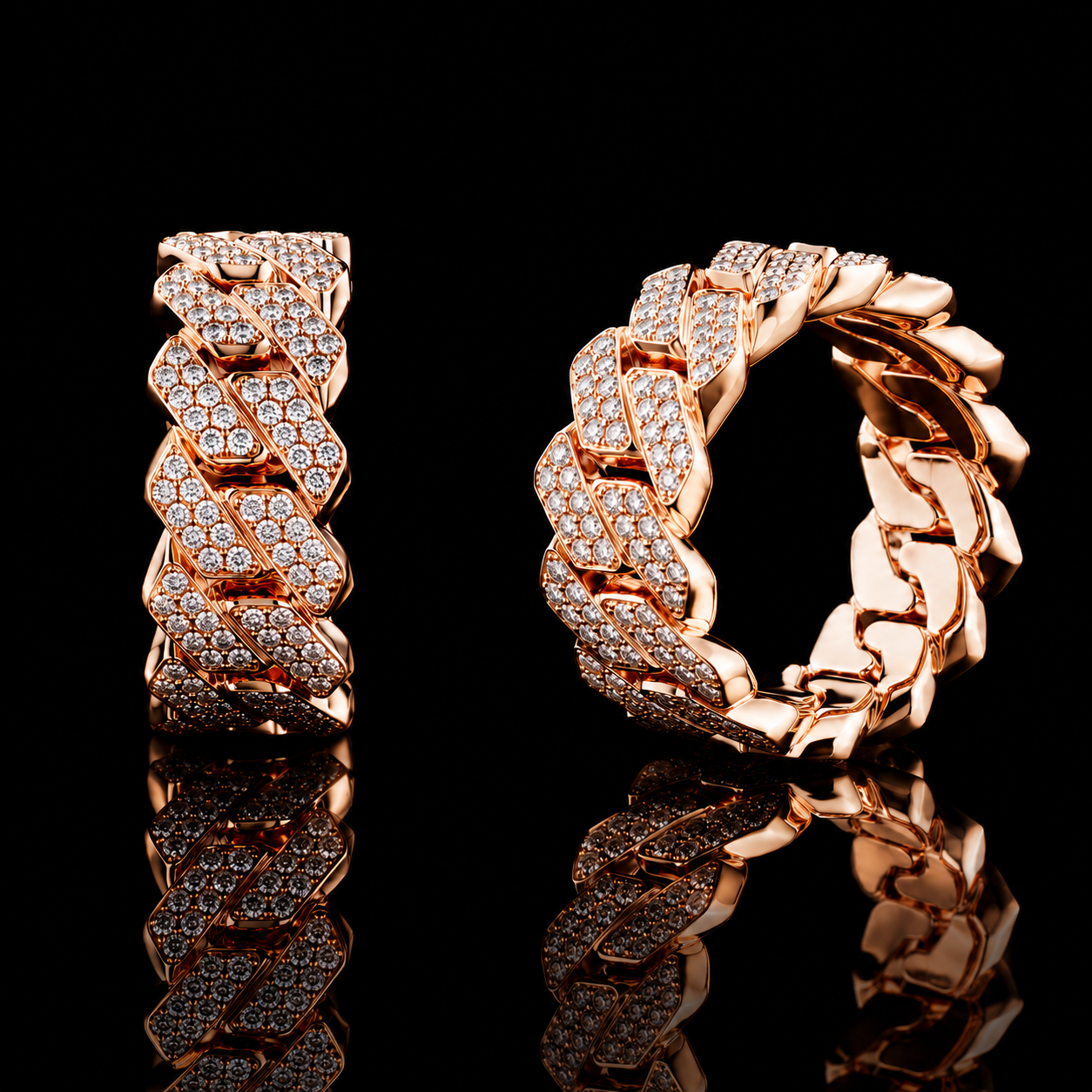 Luxury Rose Gold Baguette Moissanite Cuban Link Ring 925 Sterling Silver Hip Hop Style