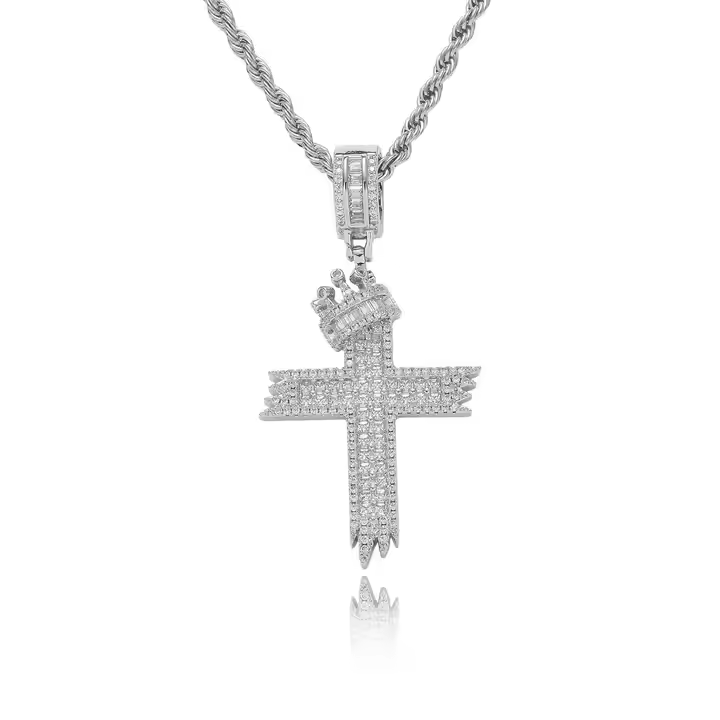 Hip Hop Crown Cross Pendant 925 Sterling Silver Moissanite