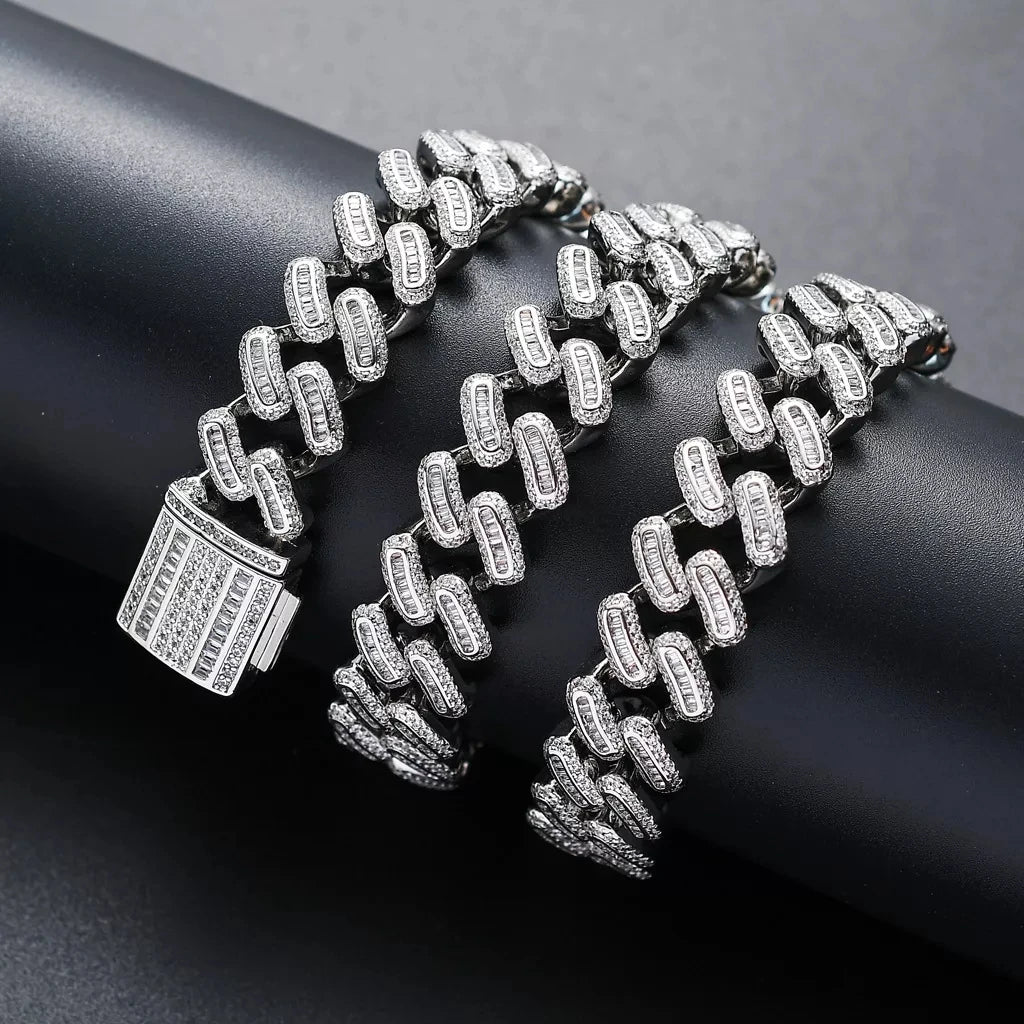 15MM Baguette Moissanite Cuban Link Chain & Bracelet Set | 925 Sterling Silver
