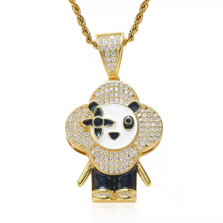 Luxury Iced Out Panda Flower Pendant 925 Sterling Silver Moissanite