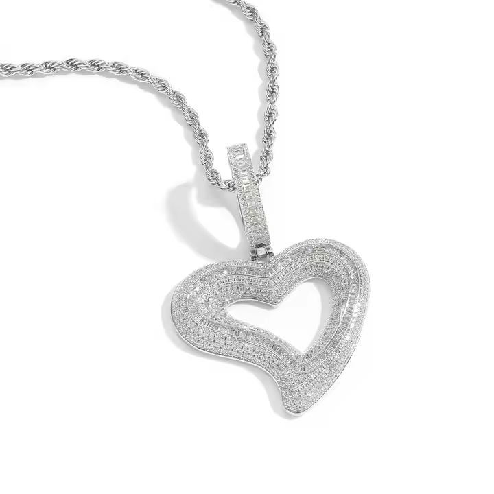 Iced Out Open Heart Pendant Necklace in 925 Sterling Silver Hip Hop Style