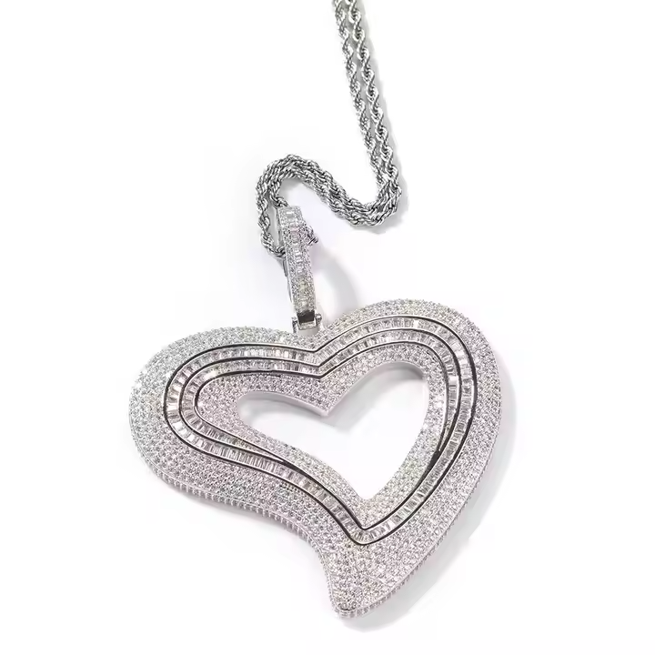 Triple Layer Moissanite Open Heart Pendant - Round & Baguette Iced OutPendant