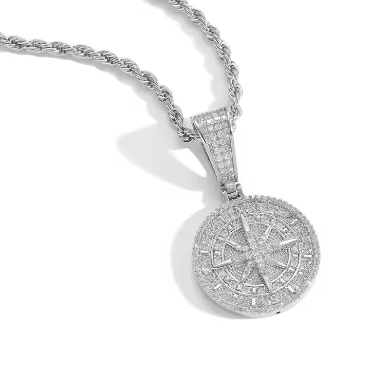 Iced Out Compass Pendant 925 Sterling Silver Moissanite