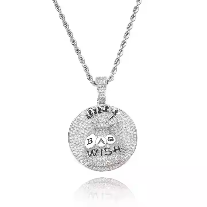 Hip Hop Round Pendant with Moissanite - Stylish Bag Wish Charm 925 Sterling Silver Jewlery