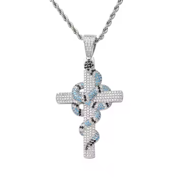 Hip Hop Iced Out Snake Cross Pendant 925 Sterling Silver Necklace