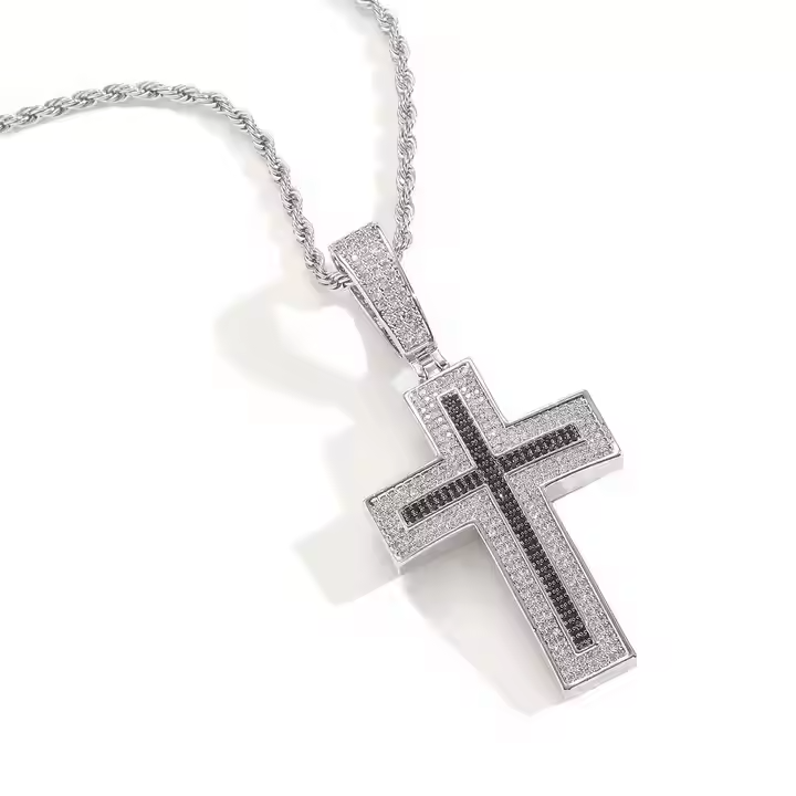 Iced Out Black & White Moissanite Cross Pendant 925 Sterling Silver