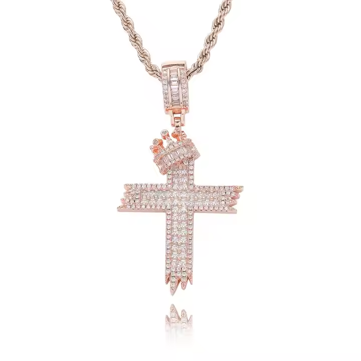 Hip Hop Crown Cross Pendant 925 Sterling Silver Moissanite