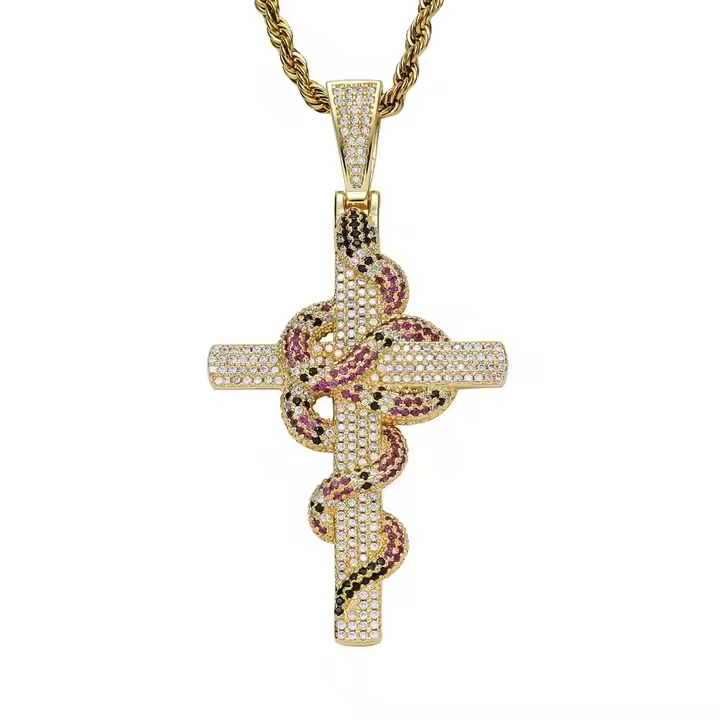 Hip Hop Iced Out Snake Cross Pendant 925 Sterling Silver Necklace