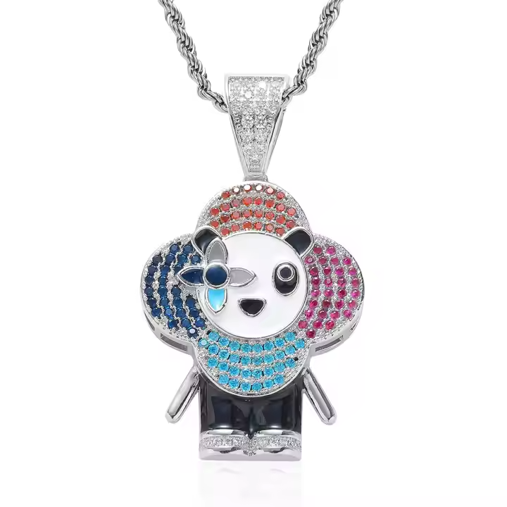 Luxury Iced Out Panda Flower Pendant 925 Sterling Silver Moissanite