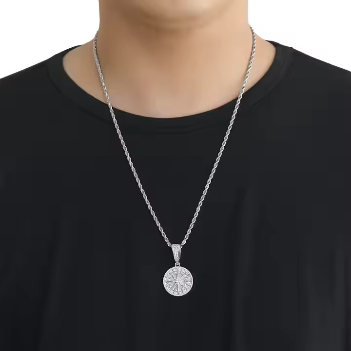 Iced Out Compass Pendant 925 Sterling Silver Moissanite