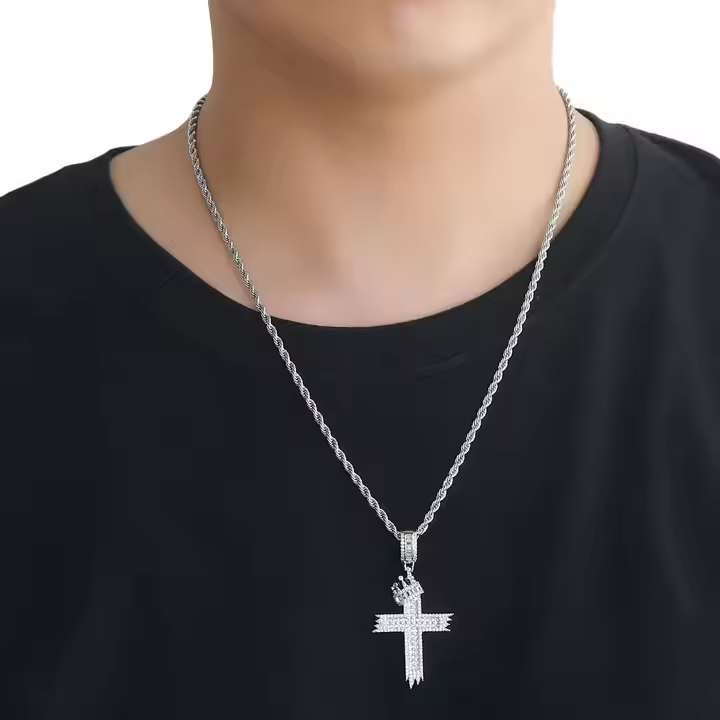 Hip Hop Crown Cross Pendant 925 Sterling Silver Moissanite