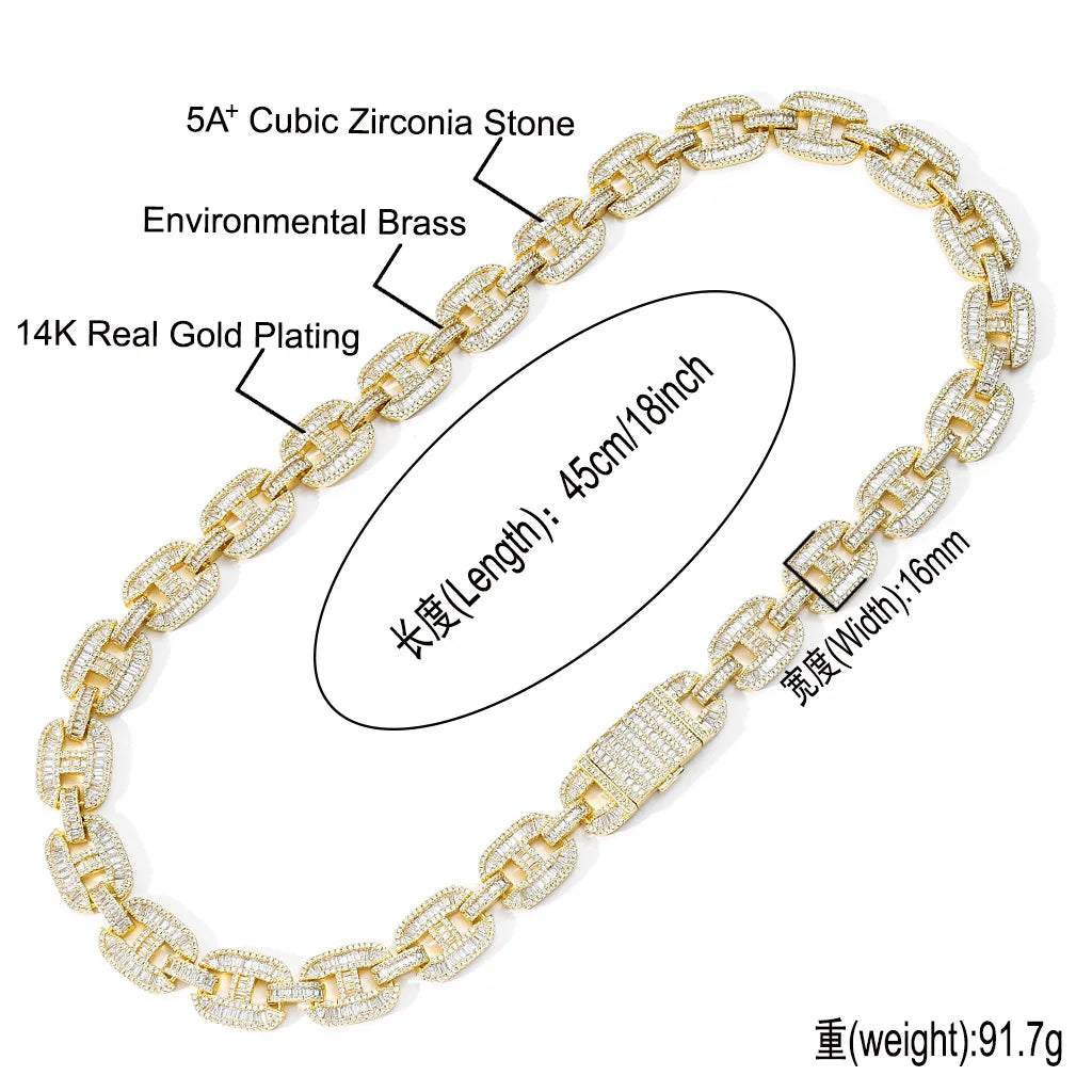 Baguette Moissanite 16 MM Cuban Link Necklace & Bracelet Set - 925 Silver Hip Hop Jewelry