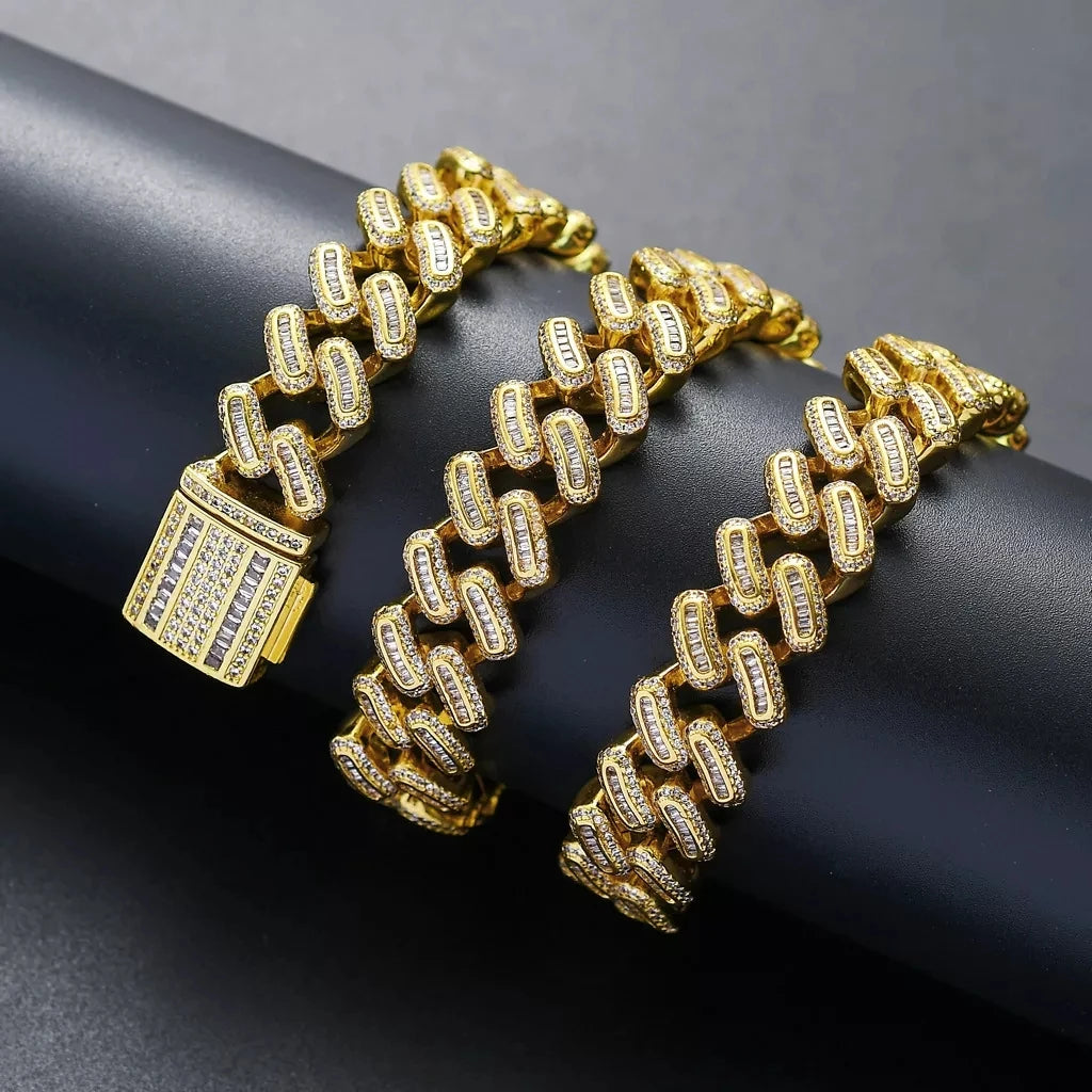 15MM Baguette Moissanite Cuban Link Chain & Bracelet Set | 925 Sterling Silver