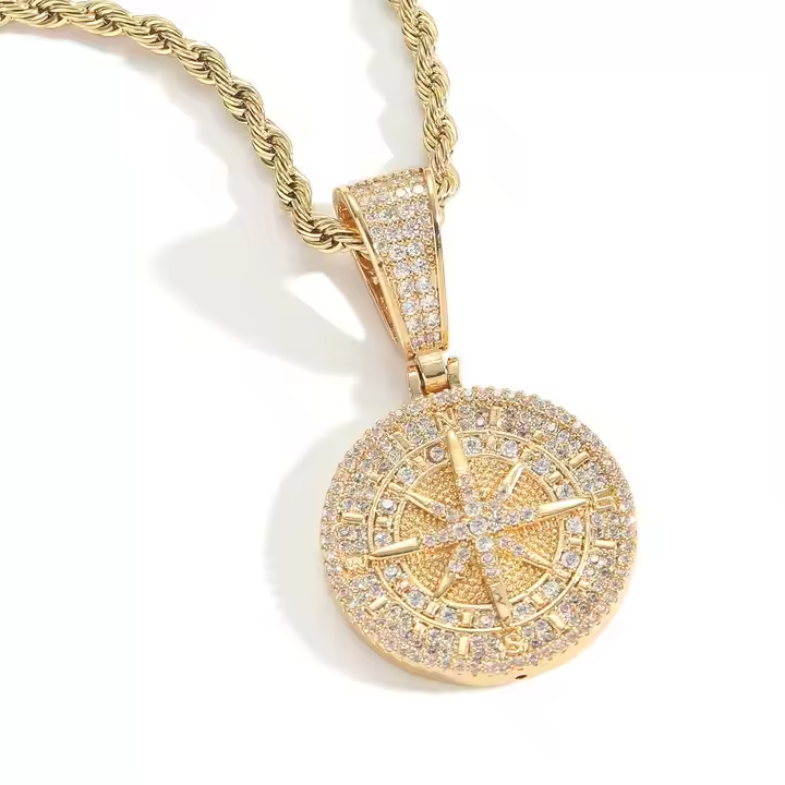 Iced Out Compass Pendant 925 Sterling Silver Moissanite