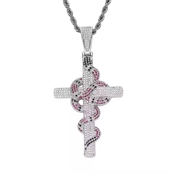 Hip Hop Iced Out Snake Cross Pendant 925 Sterling Silver Necklace