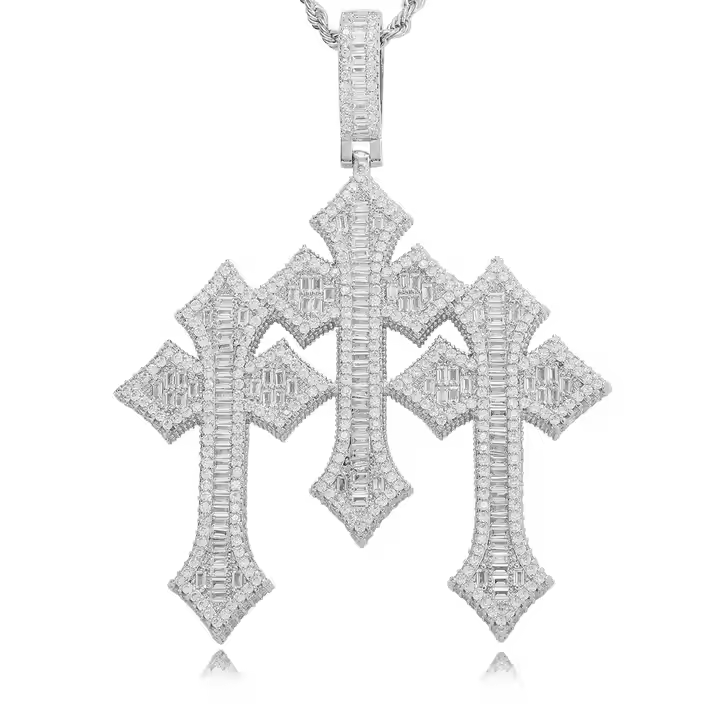 Iced Out Triple Cross Pendant 925 Sterling Silver Moissanite Pendant