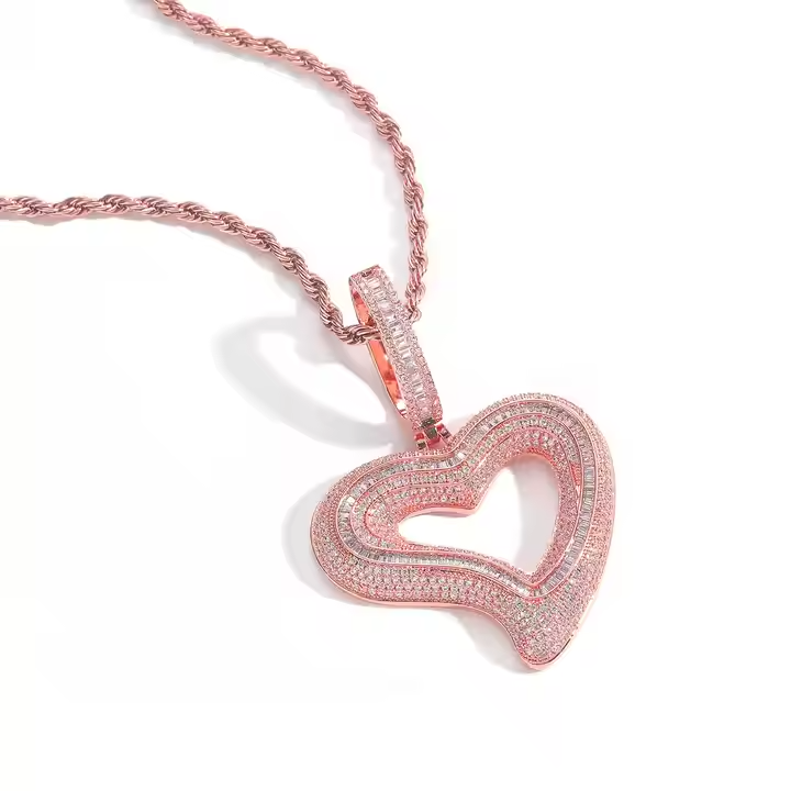 Iced Out Open Heart Pendant Necklace in 925 Sterling Silver Hip Hop Style