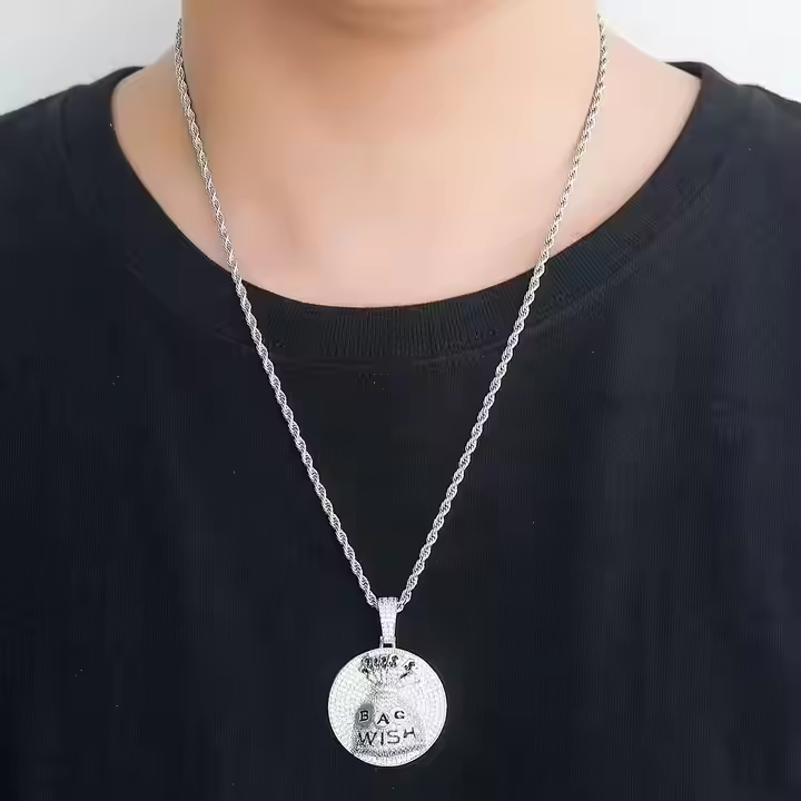 Hip Hop Round Pendant with Moissanite - Stylish Bag Wish Charm 925 Sterling Silver Jewlery