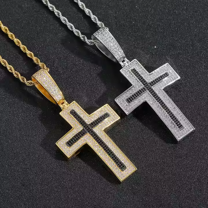 Iced Out Black & White Moissanite Cross Pendant 925 Sterling Silver