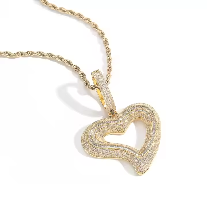 Iced Out Open Heart Pendant Necklace in 925 Sterling Silver Hip Hop Style