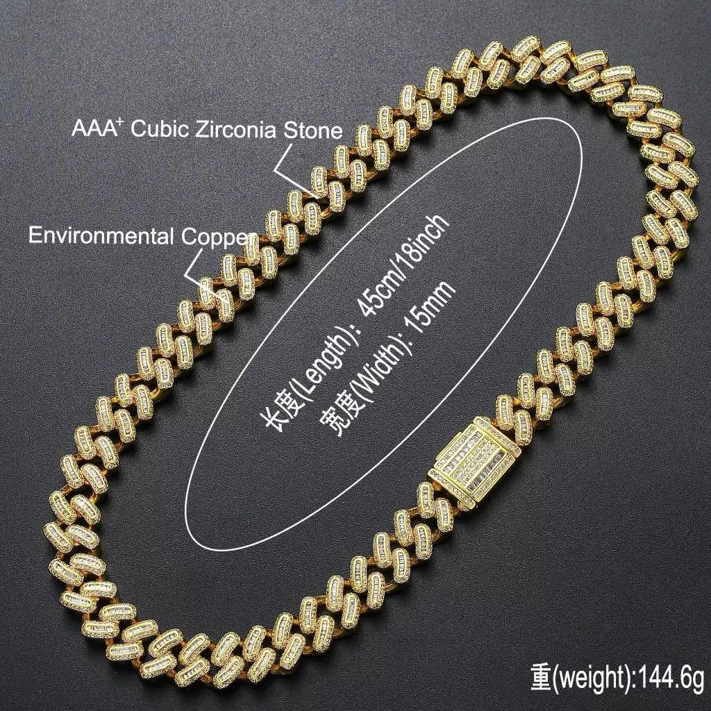 15MM Baguette Moissanite Cuban Link Chain & Bracelet Set | 925 Sterling Silver