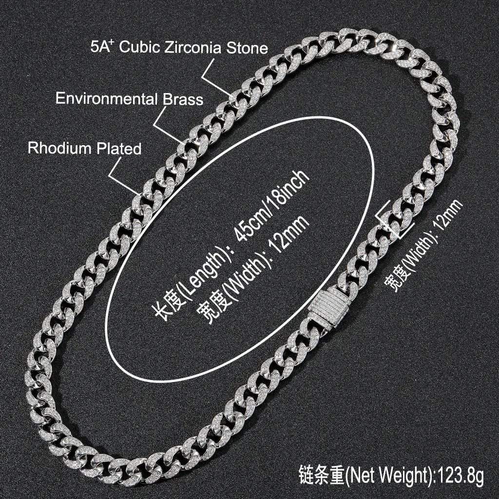 12MM Moissanite Cuban Link Chain & Bracelet Set | 925 Sterling Silver Hip Hop Jewelry