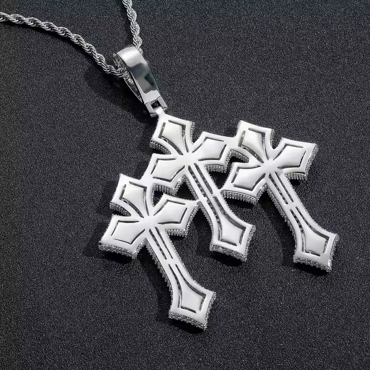 Iced Out Triple Cross Pendant 925 Sterling Silver Moissanite Pendant