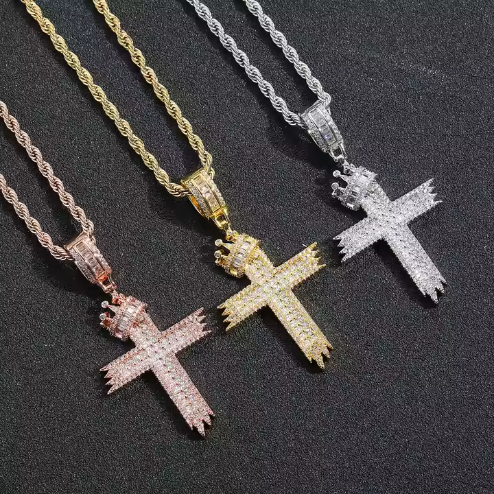 Hip Hop Crown Cross Pendant 925 Sterling Silver Moissanite