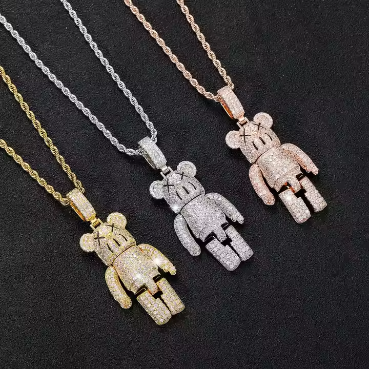 Hip Hop Bear Bricks Iced Out Pendant 925 Sterling Silver Jewelry