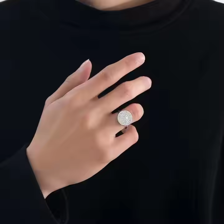 Round Moissanite Pavé Statement Ring in 925 Sterling Silver | Luxury Hip Hop Cocktail Ring