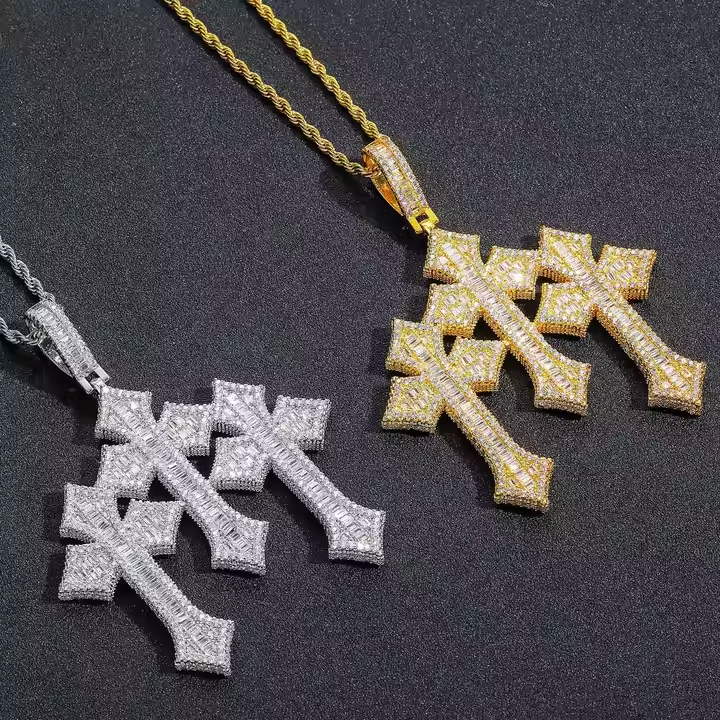 Iced Out Triple Cross Pendant 925 Sterling Silver Moissanite Pendant