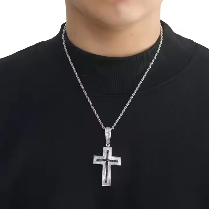 Iced Out Black & White Moissanite Cross Pendant 925 Sterling Silver