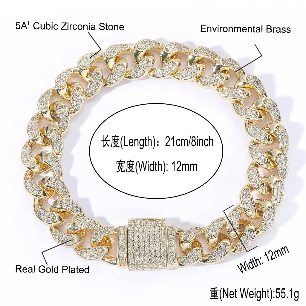 12MM Moissanite Cuban Link Chain & Bracelet Set | 925 Sterling Silver Hip Hop Jewelry
