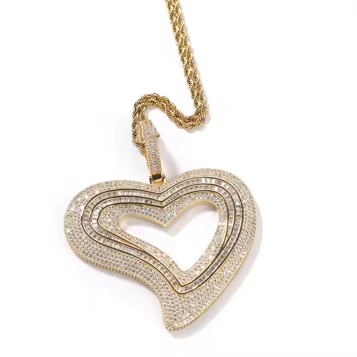 Triple Layer Moissanite Open Heart Pendant - Round & Baguette Iced OutPendant