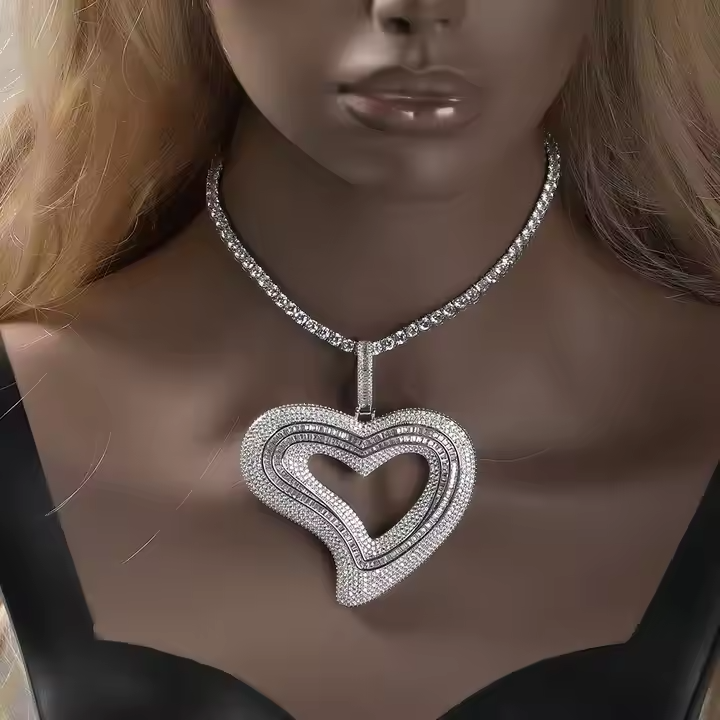 Triple Layer Moissanite Open Heart Pendant - Round & Baguette Iced OutPendant
